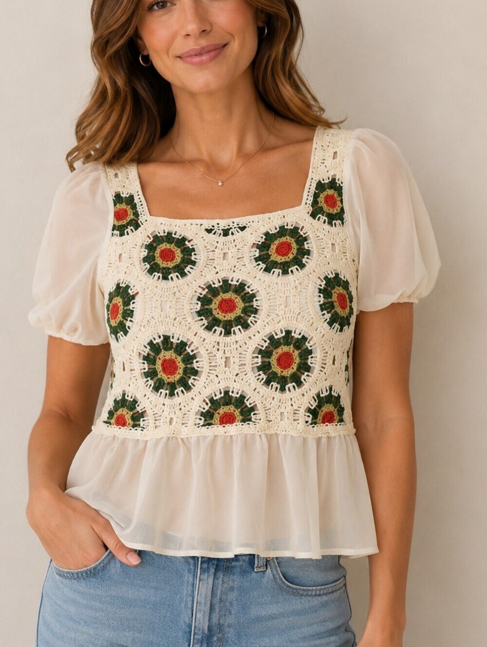 Crochet Granny Circle Panel Chiffon Puff Sleeve Peplum Festival Crop Top